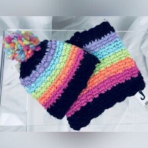 BP by Nordstrom Black Rainbow Knit PomPom Beanie with Matching Neck Muffler NWT